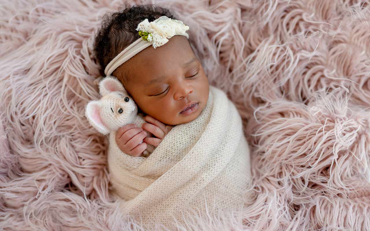 A sleeping newborn baby holding a small stuffed animal | Household Staffing