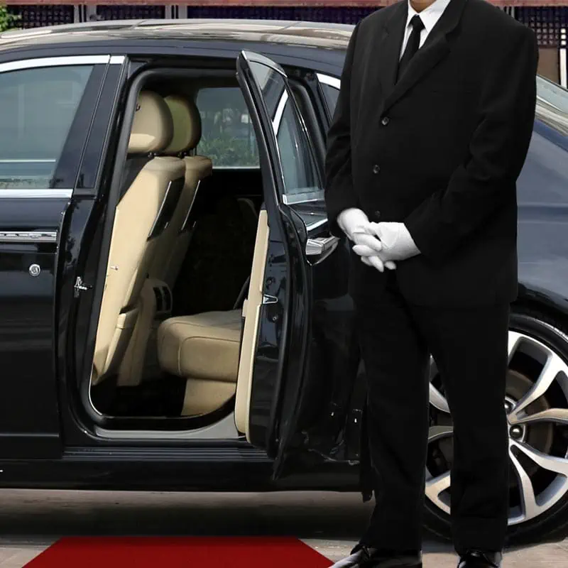 Chauffeur stands by open car door