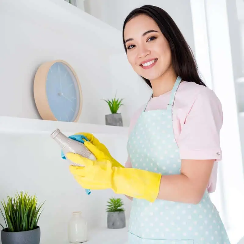 Housekeeper cleaning and smiles