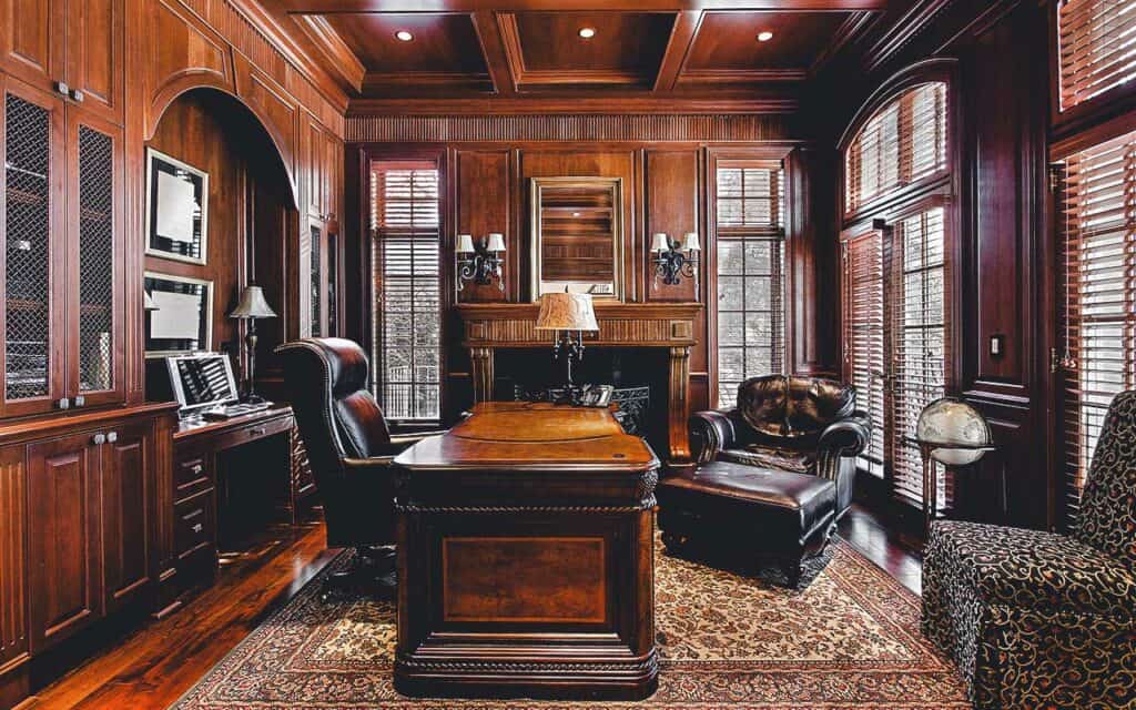 A hardwood trimmed home office