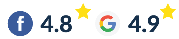 Facebook rating: 4.8 stars. Google rating: 4.9 stars.
